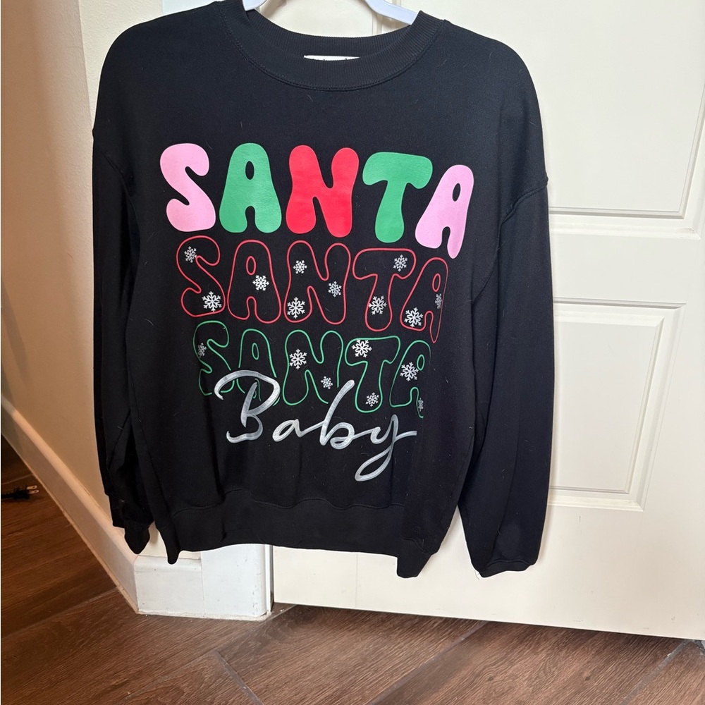 Wound Up Black Sweater with Colorful Santa Text